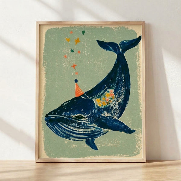 Retro whimsical whale illustration wearing a party hat surrounded by stars in sage green, navy, coral, and golden yellow on cream background, framed as minimalist wall art.