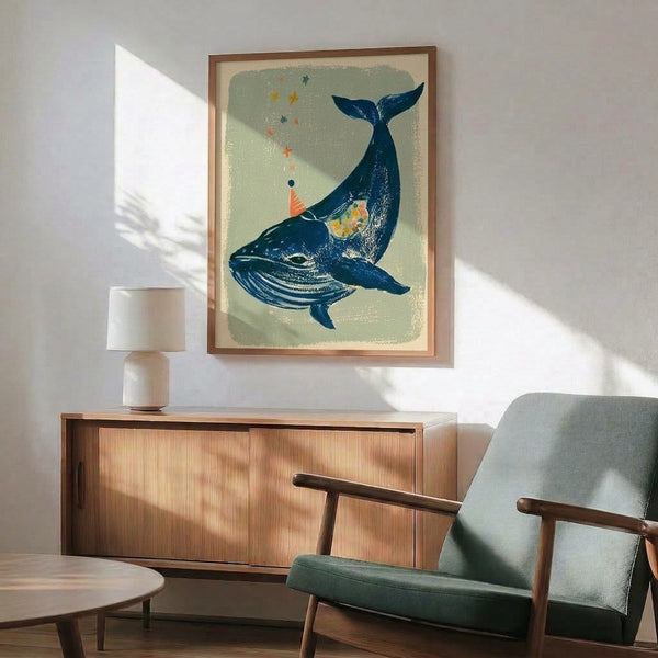 Playful vintage whale with festive party hat and starry elements in a dreamy color palette of sage green and navy, displayed as a framed minimalist poster.
