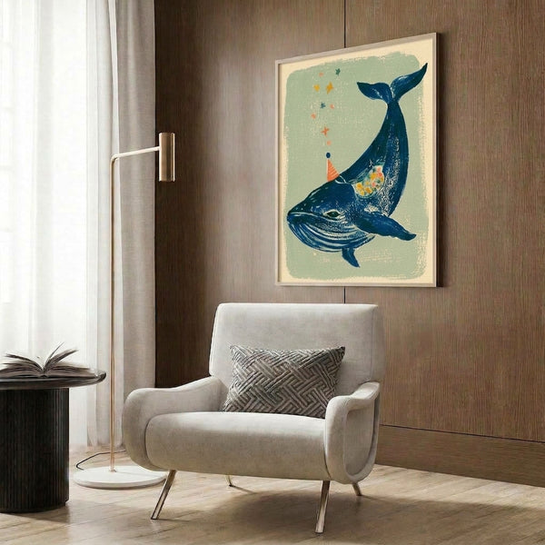 Minimalist whale artwork with party celebration theme featuring cream background and warm coral and golden accents, styled in retro whimsical aesthetic as a framed print.