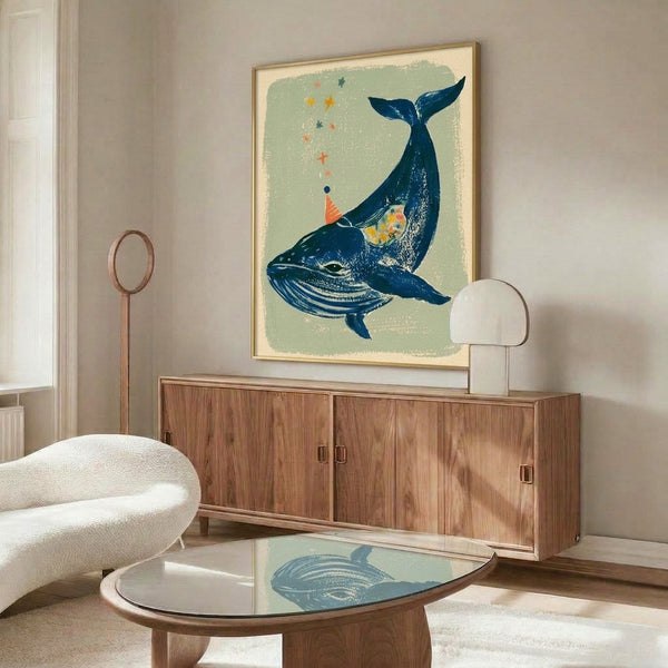Dreamy sage green and navy whale illustration with stars and party hat motif in vintage style, presented as a charming minimalist framed wall art piece.