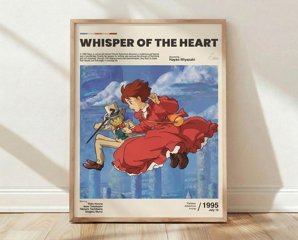 Whimsical anime poster featuring a young girl and boy with a cat against a dreamy cityscape and soft clouds in red, blue, and cream tones, capturing the romantic and adventurous spirit of Studio Ghibli art.