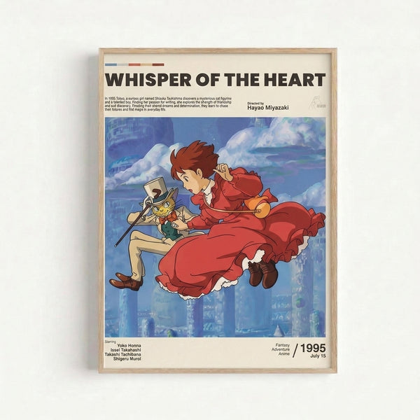Framed Studio Ghibli-inspired poster with whimsical illustration of characters and a cat surrounded by clouds and urban landscape in warm reds and cool blues, evoking a dreamy, romantic mood.