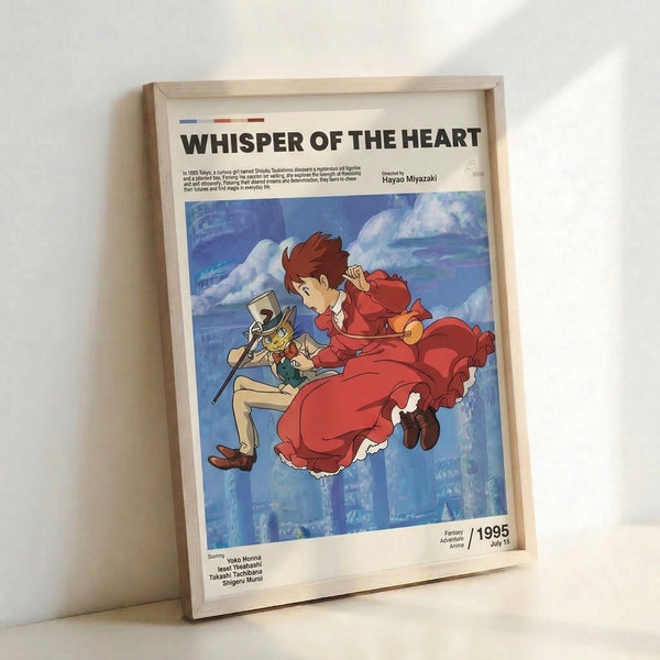 Vintage-style anime wall art depicting a girl, boy, and cat in a soft, colorful composition with clouds and cityscape elements in cream, red, and blue hues, conveying adventure and wonder.