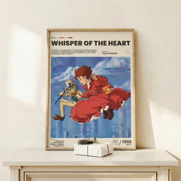 Dreamy Ghibli anime poster showing young characters with a feline companion against a stylized cityscape backdrop rendered in soft reds, blues, and cream with a whimsical, romantic aesthetic.