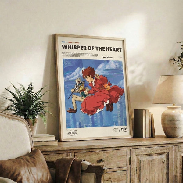 Charming Studio Ghibli-style poster featuring characters and a cat in a dreamy scene with floating clouds and urban landscape, colored in rich reds, blues, and warm creams with a romantic, whimsical feeling.
