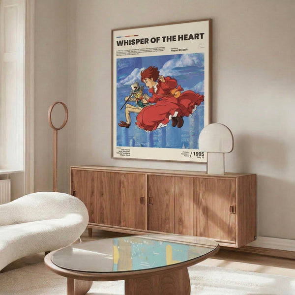 Framed anime poster with soft, adventurous illustration of girl, boy, and cat surrounded by billowing clouds and cityscape in red, blue, brown, and cream, evoking the dreamy elegance of classic Ghibli art.