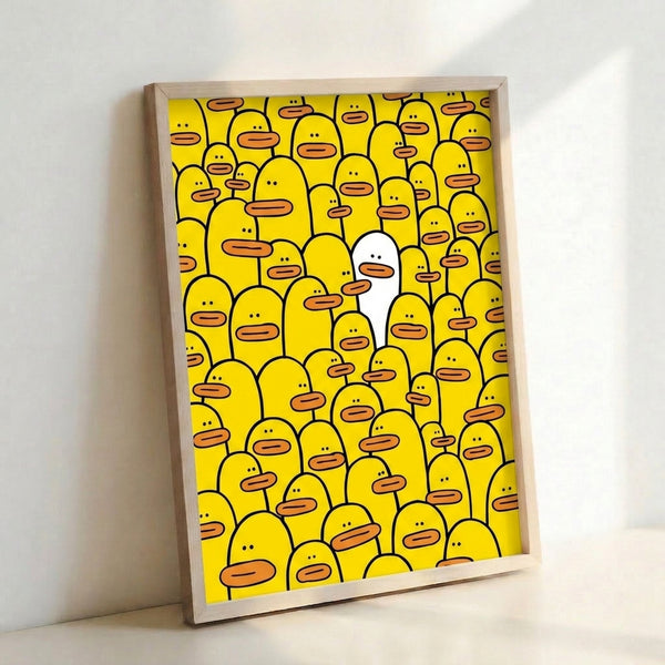Contemporary pop art poster depicting a contemplative scene of white ducks with one luminous yellow figure crowned by a halo, rendered in bold minimalist style.
