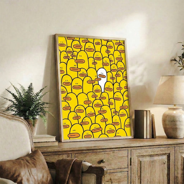 Modern wall poster showing a minimalist composition of white ducks surrounding a singular yellow figure with a radiant halo, evoking themes of individuality and standing out.
