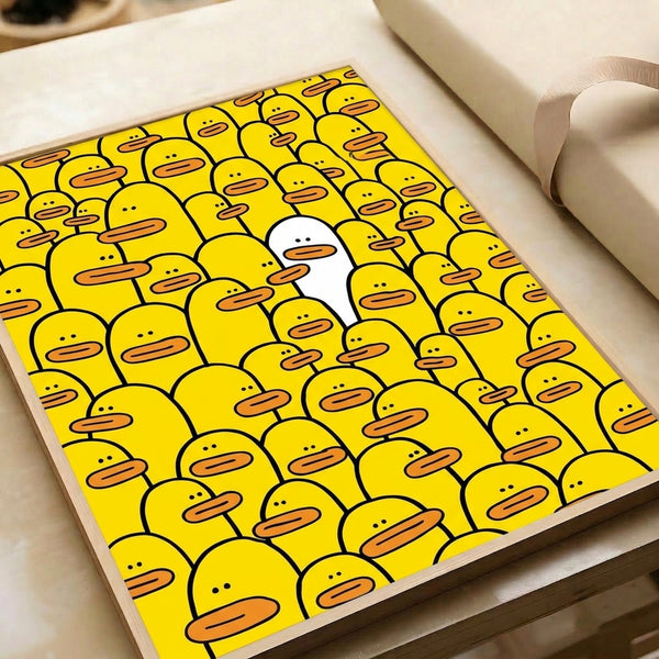 Whimsical minimalist poster of duck figures in white with one luminous yellow duck crowned by a celestial halo, capturing contemplative pop art sensibility.