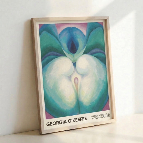 Abstract floral poster in serene tones of cream, teal, and deep blue, inspired by Georgia O'Keeffe's 1919 botanical study, featuring soft overlapping petal forms that create an intimate, meditative composition.
