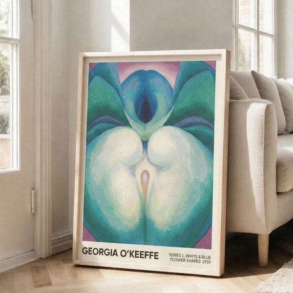 Modern art print of delicate flower shapes rendered in mauve, sage green, and cream against a teal background, evoking O'Keeffe's sensual approach to nature's intimate details.