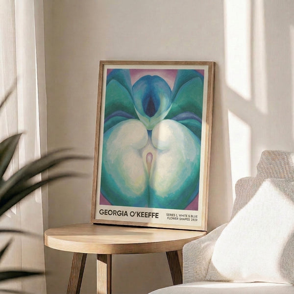Serene botanical-inspired artwork with flowing petal shapes in teal, mauve, and cream tones, presenting an intimate close-up perspective characteristic of O'Keeffe's floral abstraction.