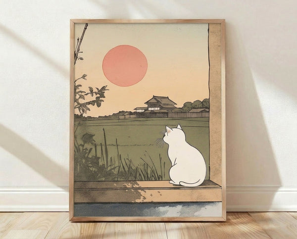 White cat silhouetted against a coral pink sunset in a serene Japanese woodblock landscape, with a house, water, and sage green plants in muted, contemplative tones.