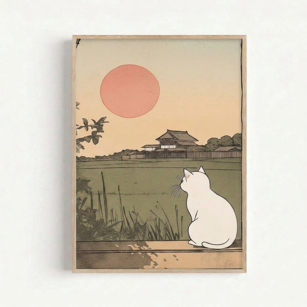 Japandi-style art print featuring a white cat gazing at a glowing sunset over a tranquil landscape with house and water elements, rendered in soft coral, cream, and sage palette.