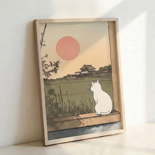 Japanese woodblock-inspired poster of a peaceful cat figure watching a warm sunset, surrounded by a minimalist landscape of water, foliage, and architecture in muted coral and green hues.