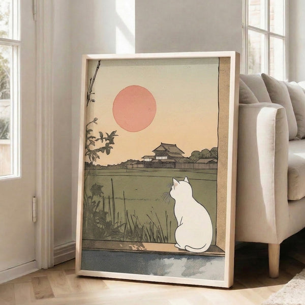 Serene Showa-era aesthetic poster showing a white cat in silhouette against a coral and cream sunset, with layered landscape elements including plants and a distant dwelling.