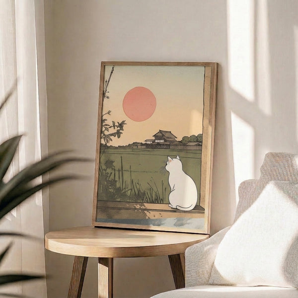 Contemplative framed art print in Japanese woodblock style: a white cat gazes toward a radiant pink sunset above a calm scene of water, vegetation, and house forms.
