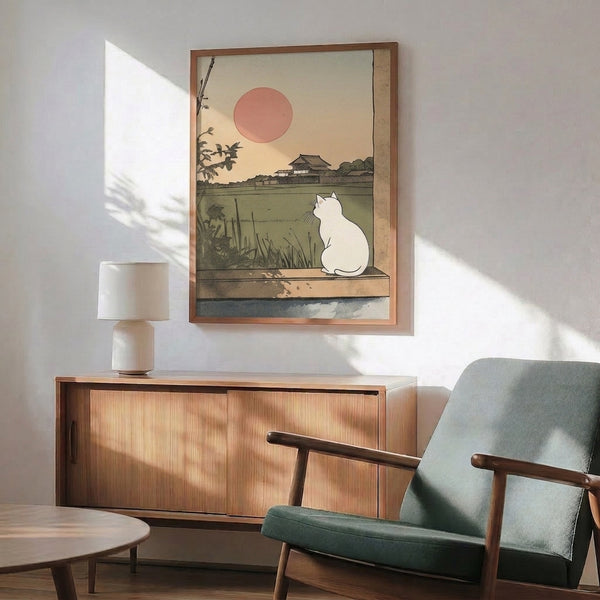 Japandi wall art depicting a solitary white cat facing a glowing sunset landscape, with sage green plants, water, and architectural elements in a serene, muted color scheme.