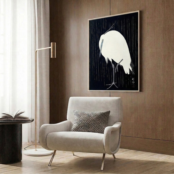 Peaceful woodblock-style poster portraying a crane enduring gentle rain on a branch, rendered in contemplative minimalist lines with gray and dark blue accents.