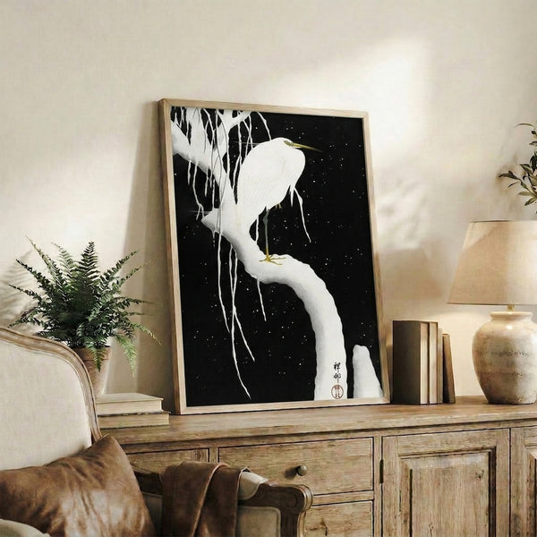 Japanese woodblock poster showing a contemplative white egret perched in snow-covered icicles under a nocturnal sky with gold star accents, rendered in serene minimalist style for wall display.