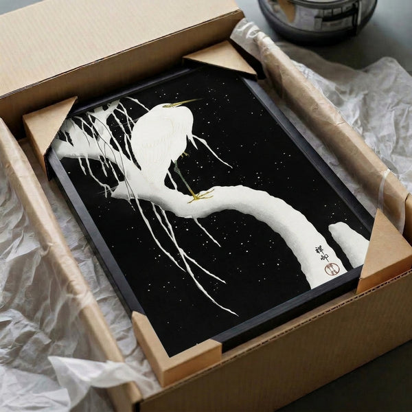 Cream and gold Japanese egret in snow wall print, featuring delicate icicles on branches and starlight in a minimalist woodblock aesthetic, evoking peaceful winter night contemplation.