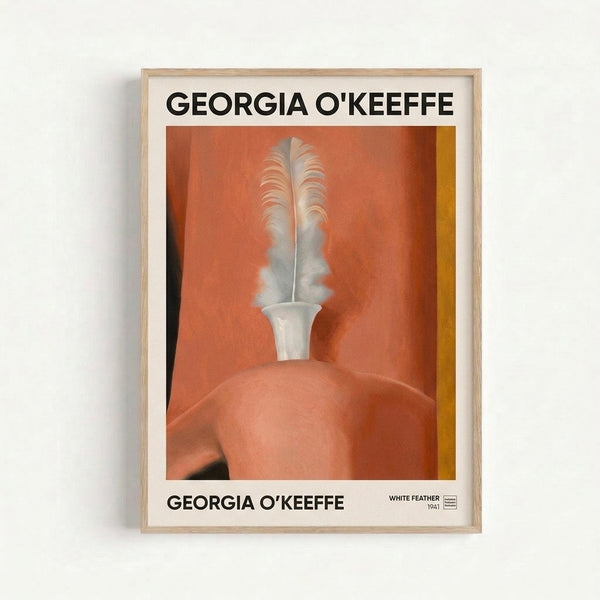 Warm terracotta and cream palette depicting an intimate study of a delicate white feather, framed poster art in the meditative style of mid-century abstraction.