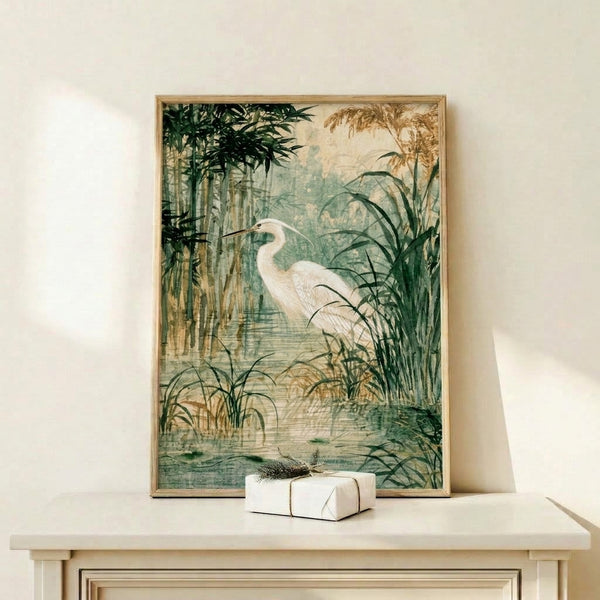 Tranquil impressionist watercolor depicting a graceful egret amid delicate reeds in a calm marsh, rendered in cream, soft green, and subtle blue hues.