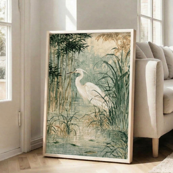 Contemplative watercolor artwork featuring a white crane surrounded by swaying bamboo in a peaceful wetland scene, with warm tan and sage green tones.
