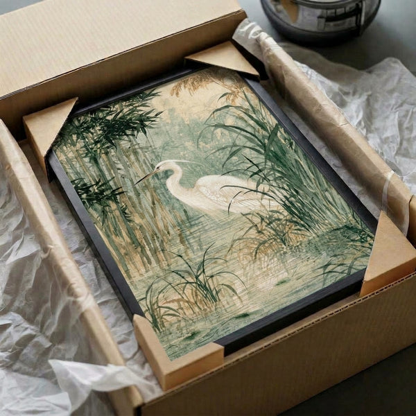 Calming impressionist watercolor of a solitary heron in a bamboo marsh landscape, soft palette of cream, pale blue, and muted green creating a serene mood.