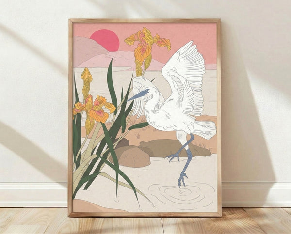 Minimalist line art poster of an egret standing among iris flowers at sunset, rendered in dusty pink, soft yellow, and pale green tones with a serene, contemplative mood.