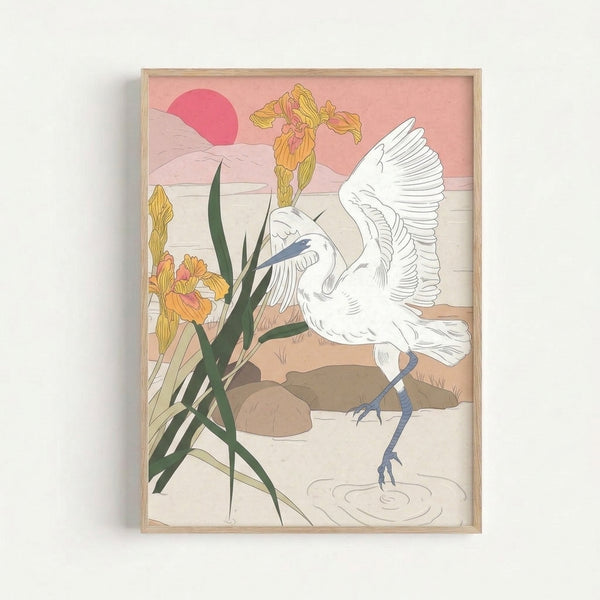 Japandi-style framed art print featuring a graceful egret and blooming iris flowers in a peaceful pond landscape with soft yellow and dusty pink hues.