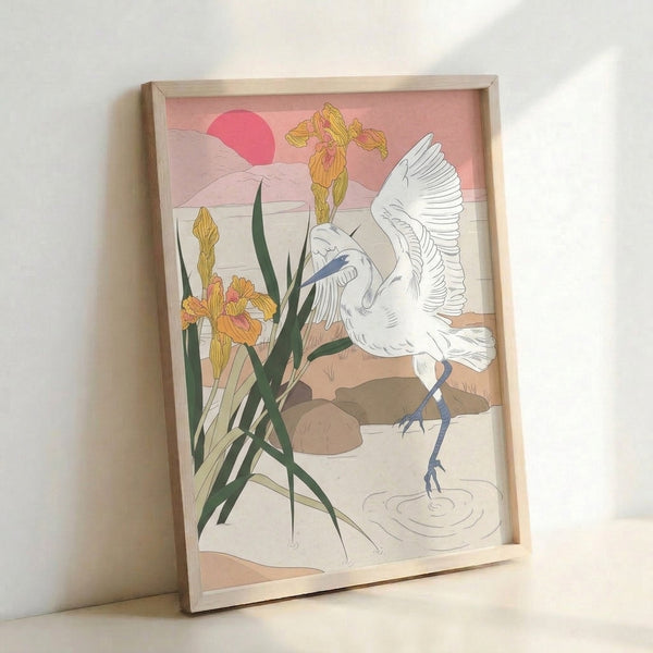 Zen-inspired line art depicting an elegant egret surrounded by iris blossoms at golden hour, combining minimalist linework with a calming palette of whites, pale tans, and muted greens.