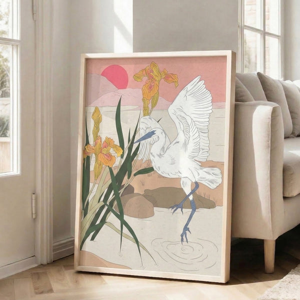 Serene botanical line drawing of a white egret in an iris garden at sunset, featuring delicate minimalist strokes and a soft, sophisticated color palette.