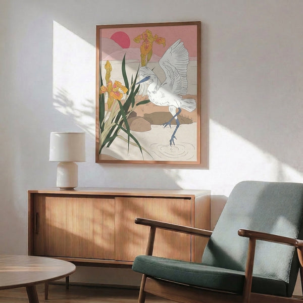 Japandi wall art print showcasing an egret among flowering irises with a contemplative mood, rendered in restrained tones of dusty pink, pale yellow, and dark green linework.