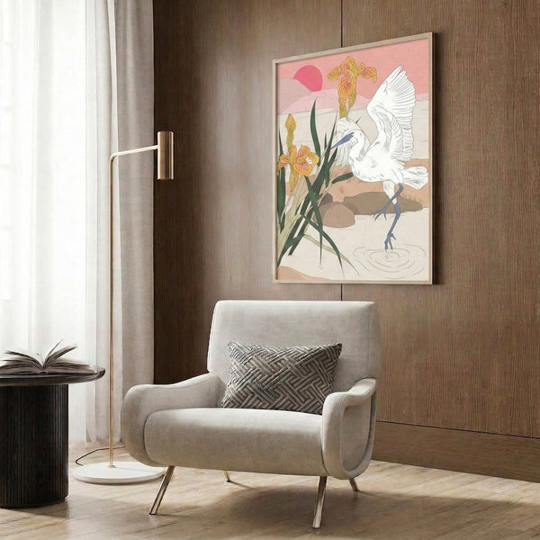 Elegant minimalist poster of an egret and iris landscape at dusk, combining fine linework with a tranquil color scheme of soft yellows, dusty pinks, and subdued greens.