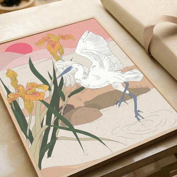 Framed nature-inspired line art featuring a poised egret amid irises beneath a soft sunset, capturing a contemplative Japandi aesthetic through simple geometry and a muted, harmonious palette.