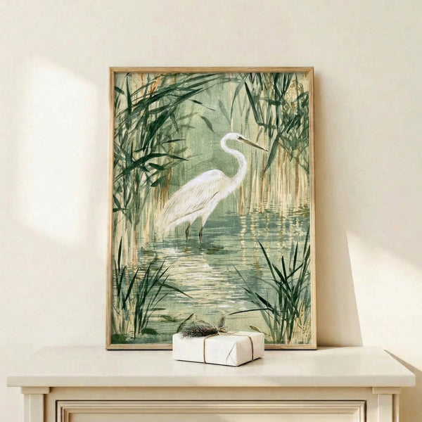 Serene marsh landscape in watercolor featuring a solitary egret nestled in pale yellow and green reeds, rendered in calm, meditative tones with clean Japandi aesthetic.