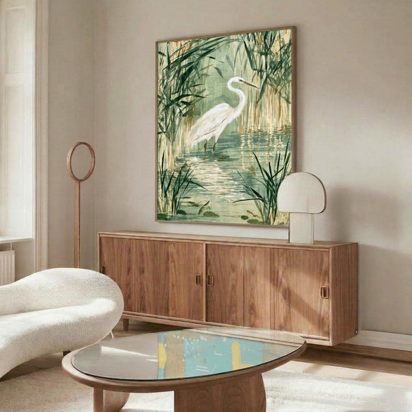 Contemplative watercolor poster of an egret among marsh grasses in muted greens and warm neutrals, blending naturalistic detail with understated Japandi design sensibility.