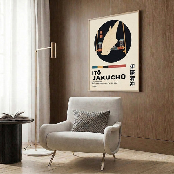 Elegant framed print showcasing a white macaw beside a decorative vase in refined Japanese woodblock aesthetic, with black linework and soft gold highlights.