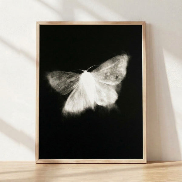 Minimalist line art poster featuring a delicate moth rendered in white and gray strokes against a black background, evoking a serene and contemplative mood.