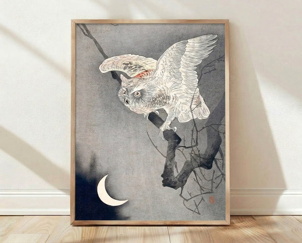 Japanese woodblock print poster featuring a contemplative owl perched on a branch beneath a crescent moon, rendered in cream, gray, black, and deep blue tones with rust-red accents, evoking a mysterious nocturnal mood.