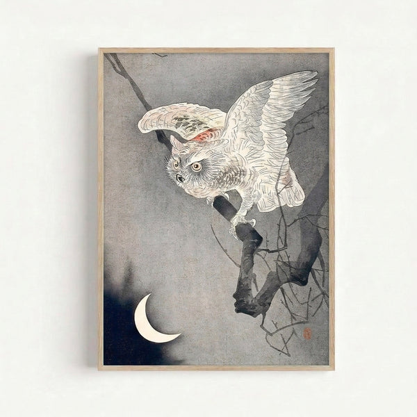 Framed art print in Japanese woodblock style depicting an owl in profile gazing at a crescent moon, with detailed feather work and a serene nighttime palette of grays and deep blue against cream background.