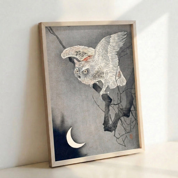 Nocturnal owl poster art inspired by Japanese woodblock traditions, showing the bird on a branch with a crescent moon overhead, mysterious and contemplative in mood with sophisticated cream, gray, and blue coloring.