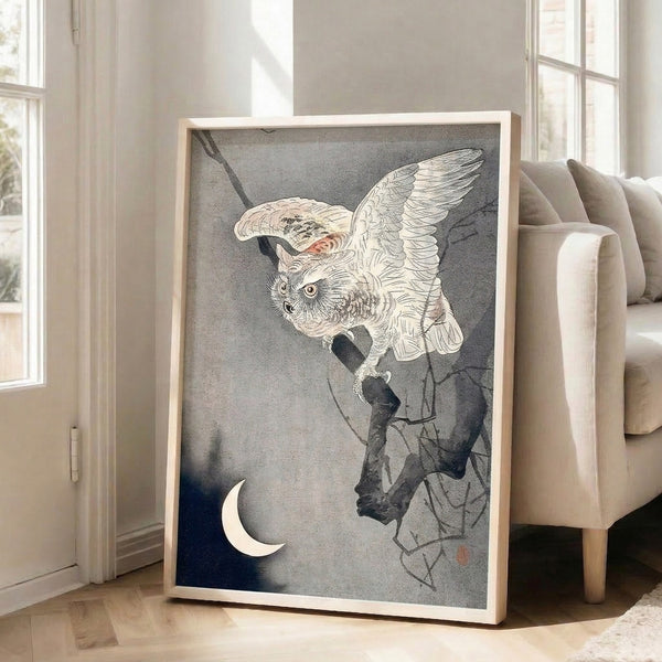 Wall art print capturing a meditative moment of an owl beneath a crescent moon on a branch, executed in Japanese woodblock aesthetic with rich deep blues, blacks, and rust-red highlights.