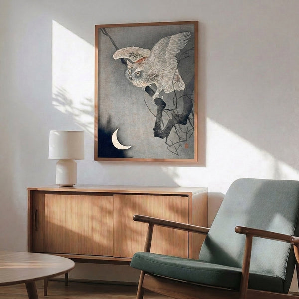 Showa-period Japanese woodblock style poster featuring an introspective owl and crescent moon composition, rendered in atmospheric cream, gray, and deep blue with subtle rust-red accents.