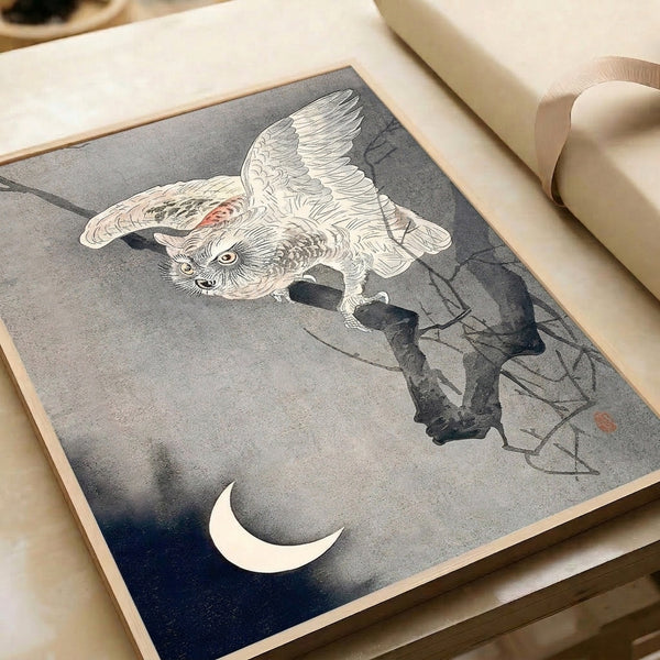 Japanese woodblock art poster of an owl on a moonlit branch, conveying quiet contemplation through detailed feather rendering and a sophisticated color scheme of blacks, grays, deep blue, and cream with rust-red touches.