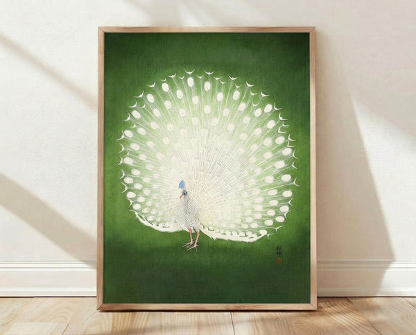 Serene Japanese woodblock print of a white peacock with elegant feathers in deep green and cream tones, framed on a wall as minimalist Japandi decor.