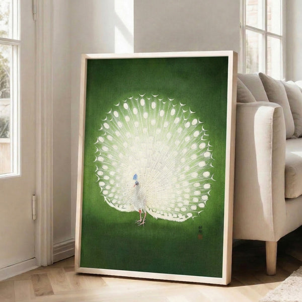 Japandi wall art print featuring a serene white peacock rendered in soft cream, pale green, and deep tones in the traditional woodblock style.