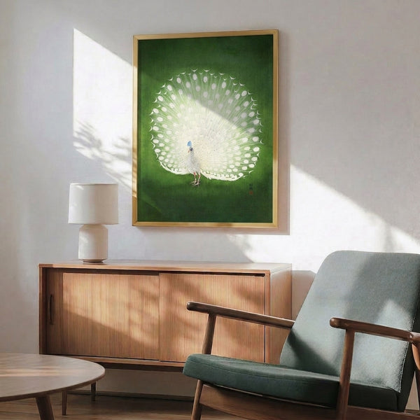 Framed Japanese woodblock print of a white peacock with delicate feathers in cream and subtle green hues, evoking quiet elegance and Zen aesthetic.
