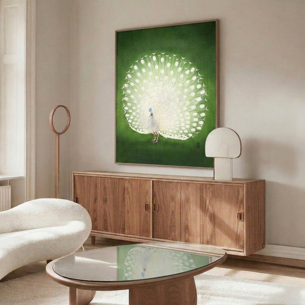 Tranquil white peacock woodblock art in muted cream and green palette, hung as a meditative Japandi-style print for peaceful home decor.
